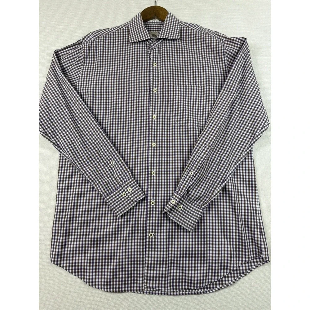 PETER MILLAR Button Up Gingham Check Shirt Men L Purple White Preppy Long Sleeve